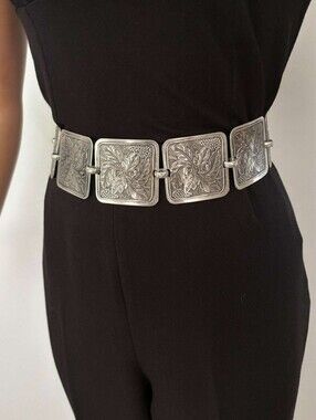 1950s Mexican Alpaca Panel Belt Metal Silver Tone Fashion Belt Retro Vintage